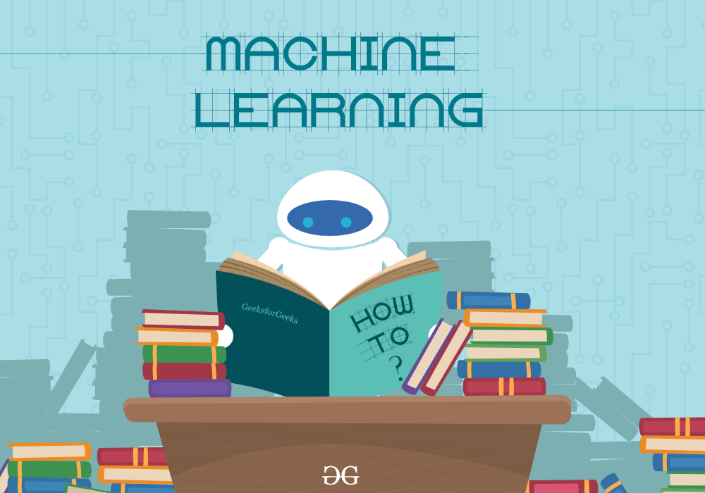 بنر گرافیکی یادگیری ماشین رباتی در حال کتابخوانی و یادگیری