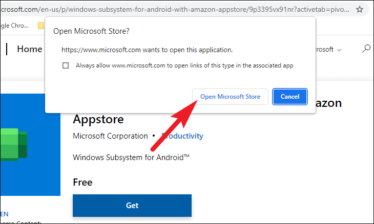 پیام مرورگر در ارتباط با دریافت اجازه برای باز کردن برنامه Microsoft Store روی سیستم شما