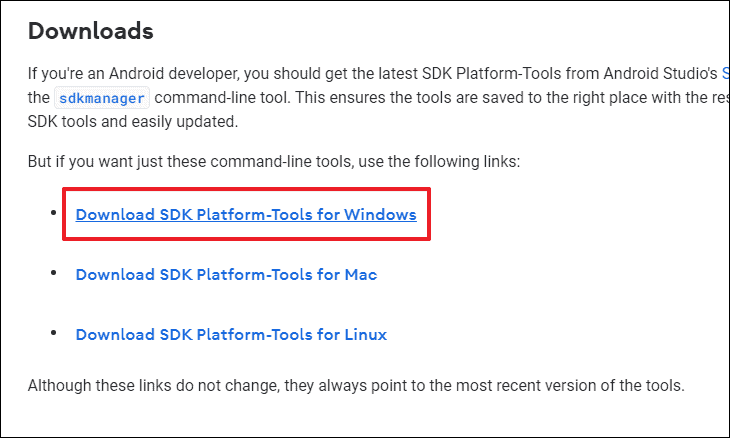 در قسمت  Downloads  گزینه SDK Platform-Tools for Windows را انتخاب کنید.