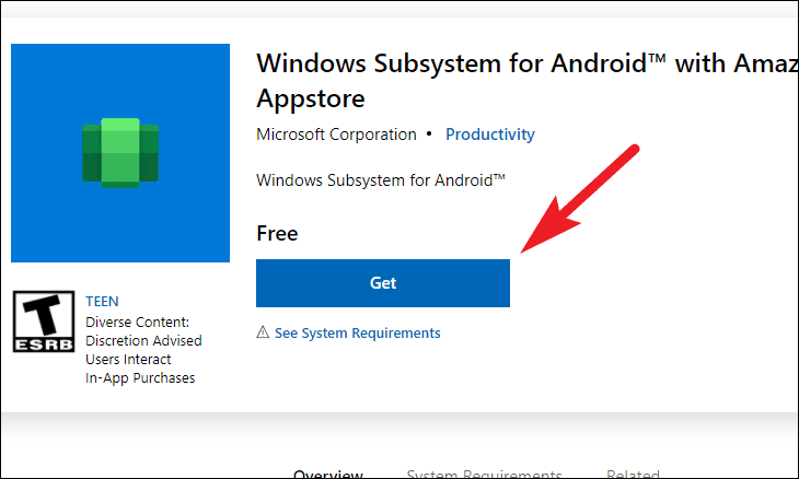 برنامه Windows Subsystem for Android with Amazon appstore را با کلیک روی Get دریافت کنید